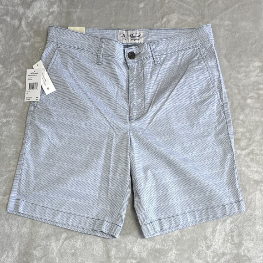 Original Penguin NEW Slim Fit Men Chino Shorts 30 Stretch Blue/White Stripe 8"